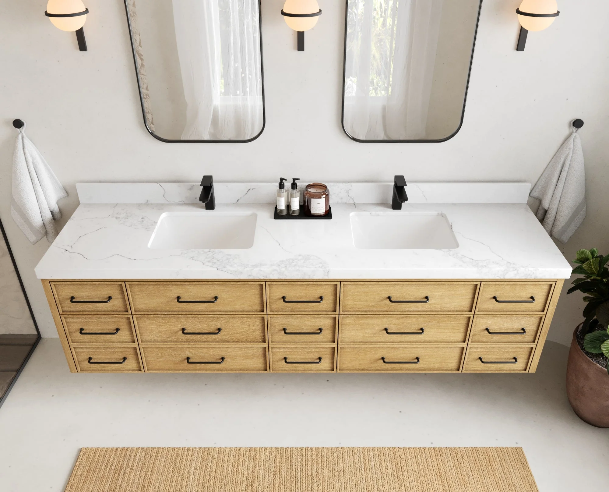 Charlotte 84 in. W x 22 in. D Floating Double Sink Bathroom Vanity in Natural Mindi Wood - Image 11