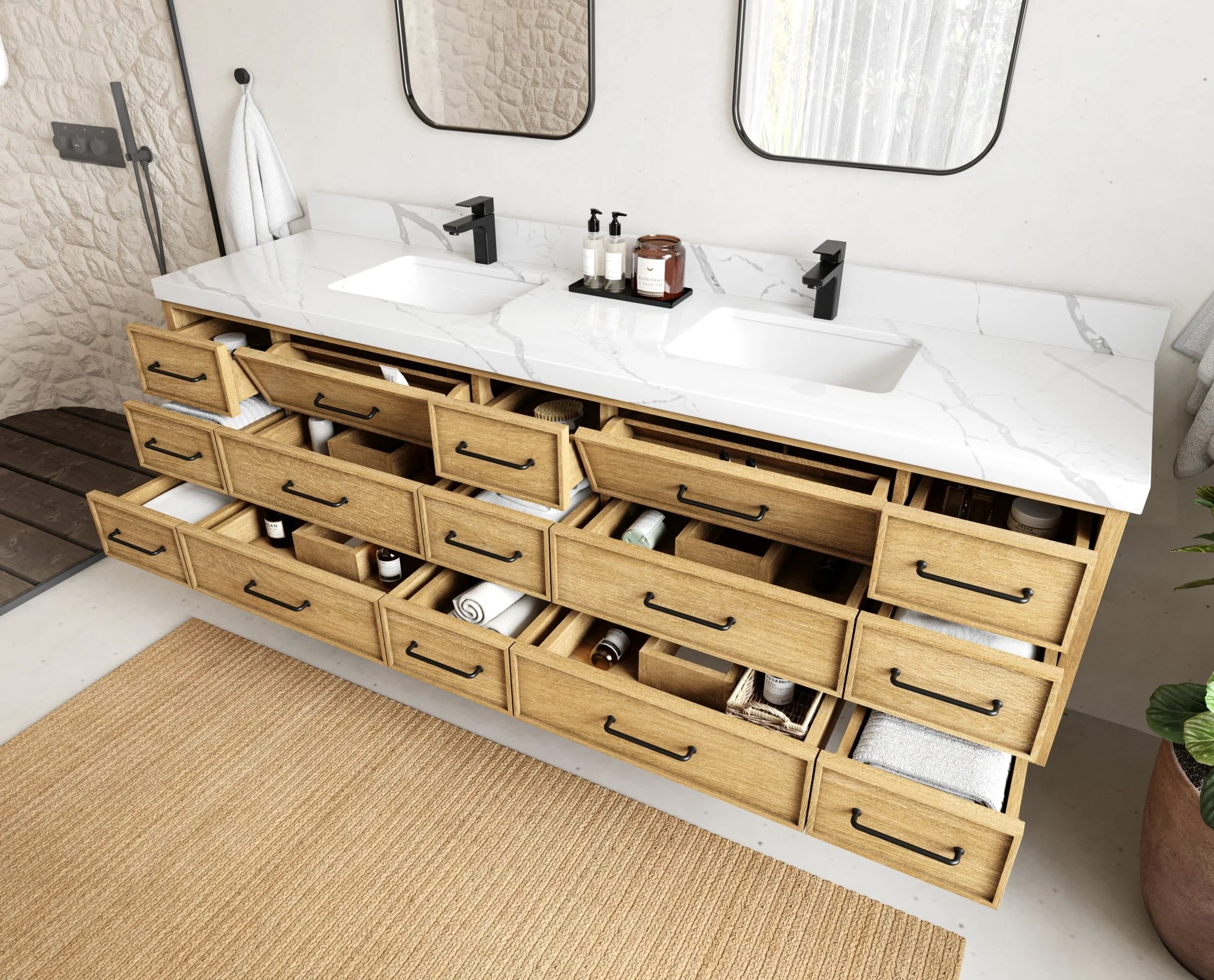 Charlotte 84 in. W x 22 in. D Floating Double Sink Bathroom Vanity in Natural Mindi Wood - Image 3