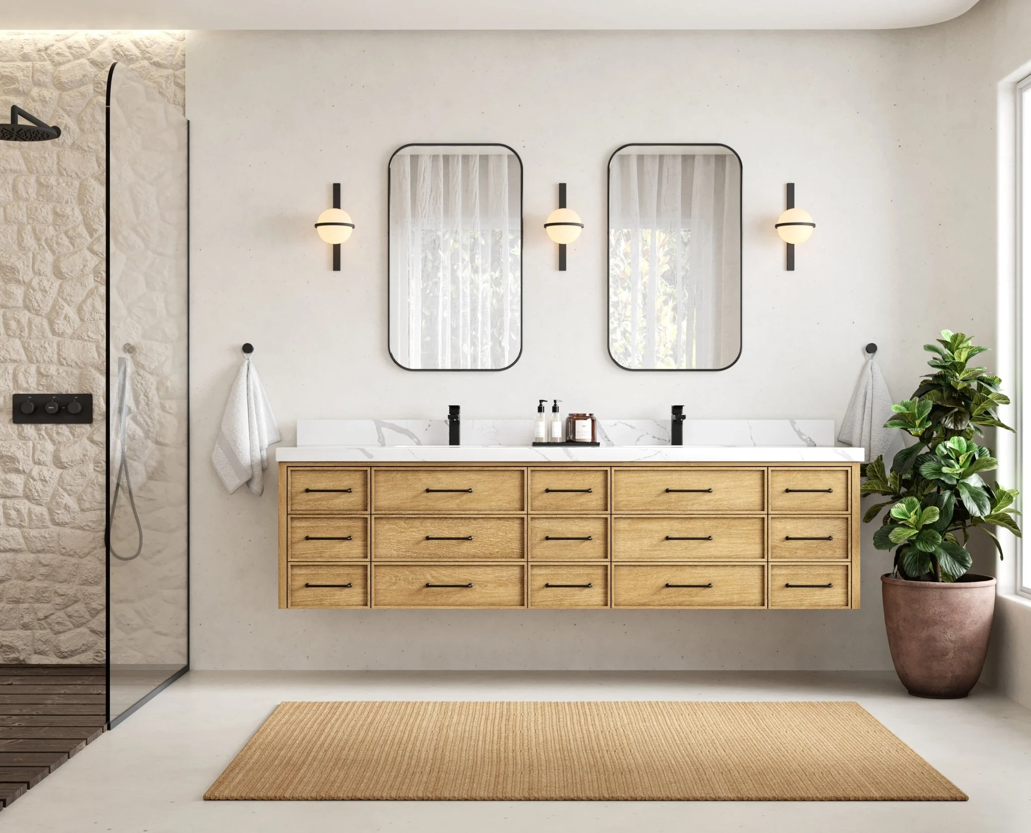 Charlotte 84 in. W x 22 in. D Floating Double Sink Bathroom Vanity in Natural Mindi Wood - Image 4