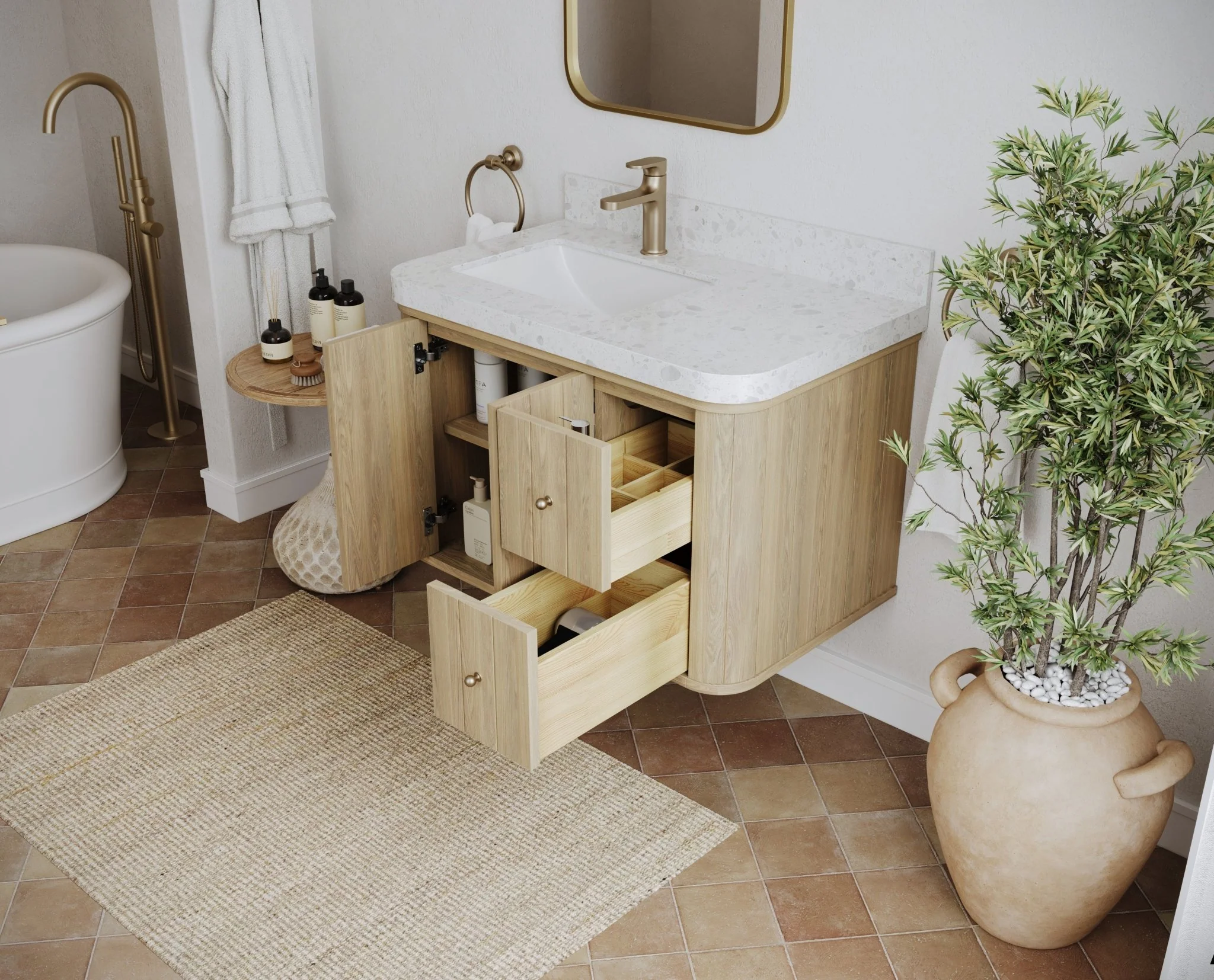 Houston White Oak 36 in. W x 22 in. D Floating Left Offset Sink Bathroom Vanity with Curved Edge Design - Image 3