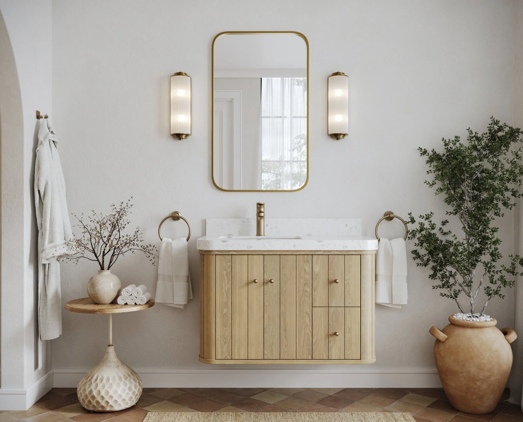 Houston White Oak 36 in. W x 22 in. D Floating Left Offset Sink Bathroom Vanity with Curved Edge Design - Image 5