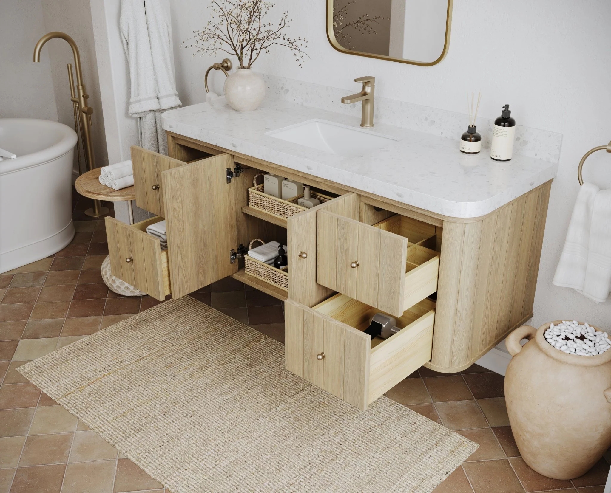Houston White Oak 60 in. W x 22 in. D Floating Single Sink Bathroom Vanity with Curved Edge Design - Image 3
