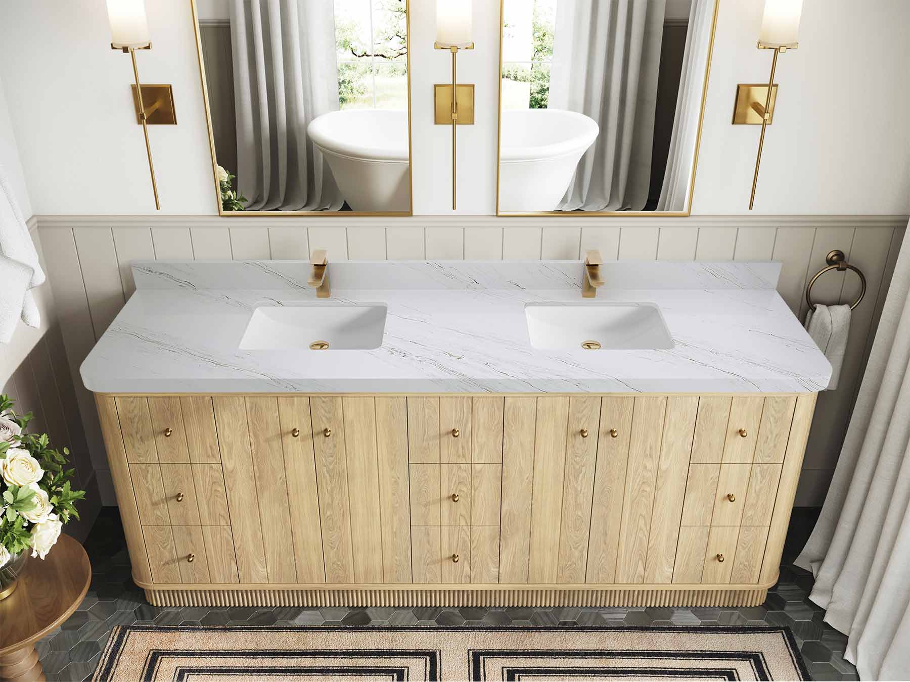 Houston White Oak 84 in. W x 22 in. D Free Standing Curved Edge Double Sink Bathroom Vanity - Image 21
