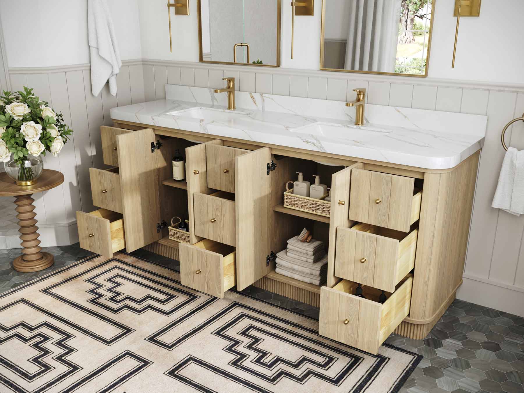 Houston White Oak 84 in. W x 22 in. D Free Standing Curved Edge Double Sink Bathroom Vanity - Image 3