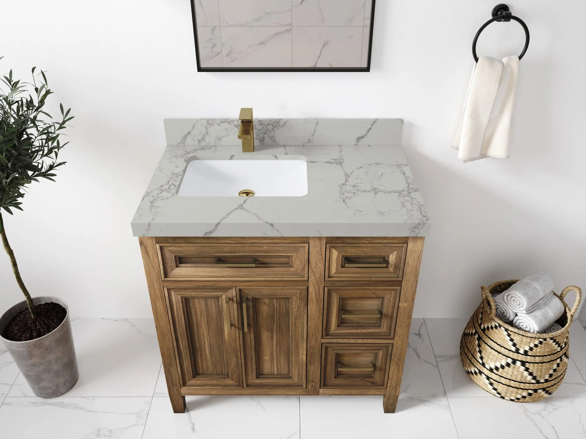 Santa Monica Teak Wood 36 in. W x 22 in. D Left Offset Sink Bathroom Vanity - Image 25