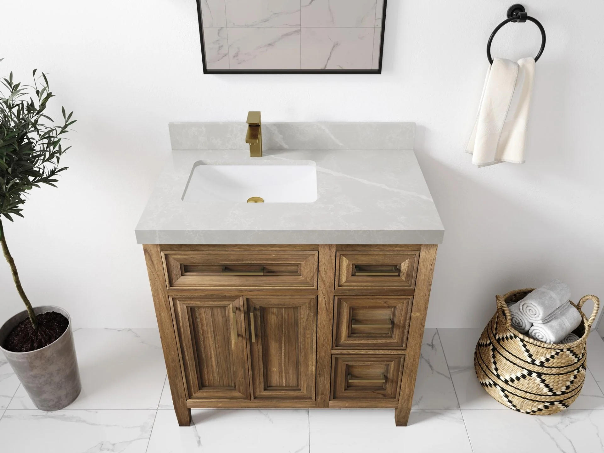 Santa Monica Teak Wood 36 in. W x 22 in. D Left Offset Sink Bathroom Vanity - Image 37