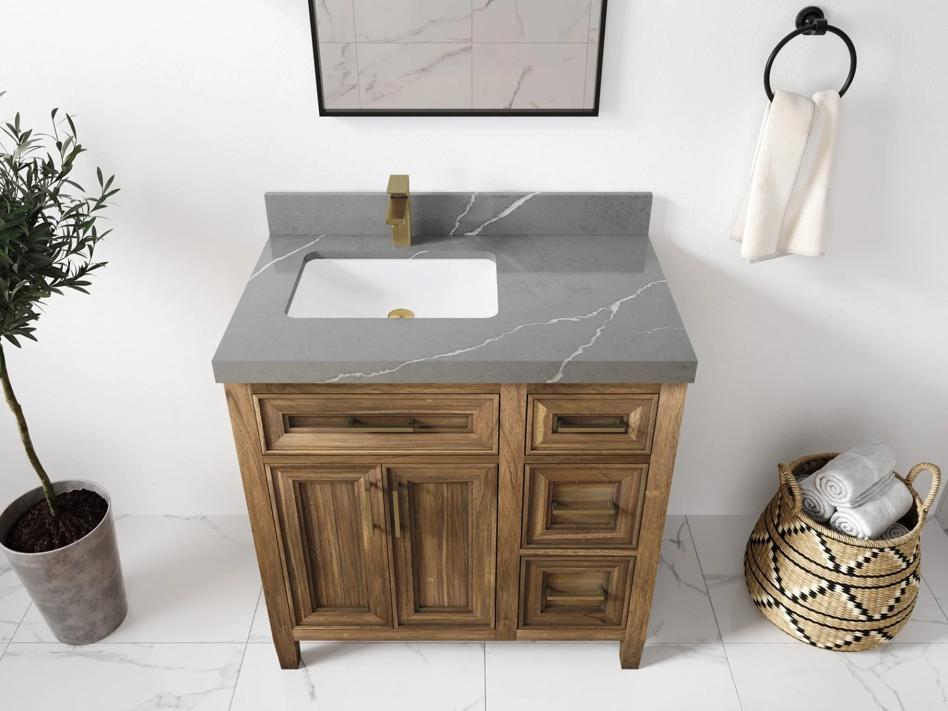 Santa Monica Teak Wood 36 in. W x 22 in. D Left Offset Sink Bathroom Vanity - Image 39
