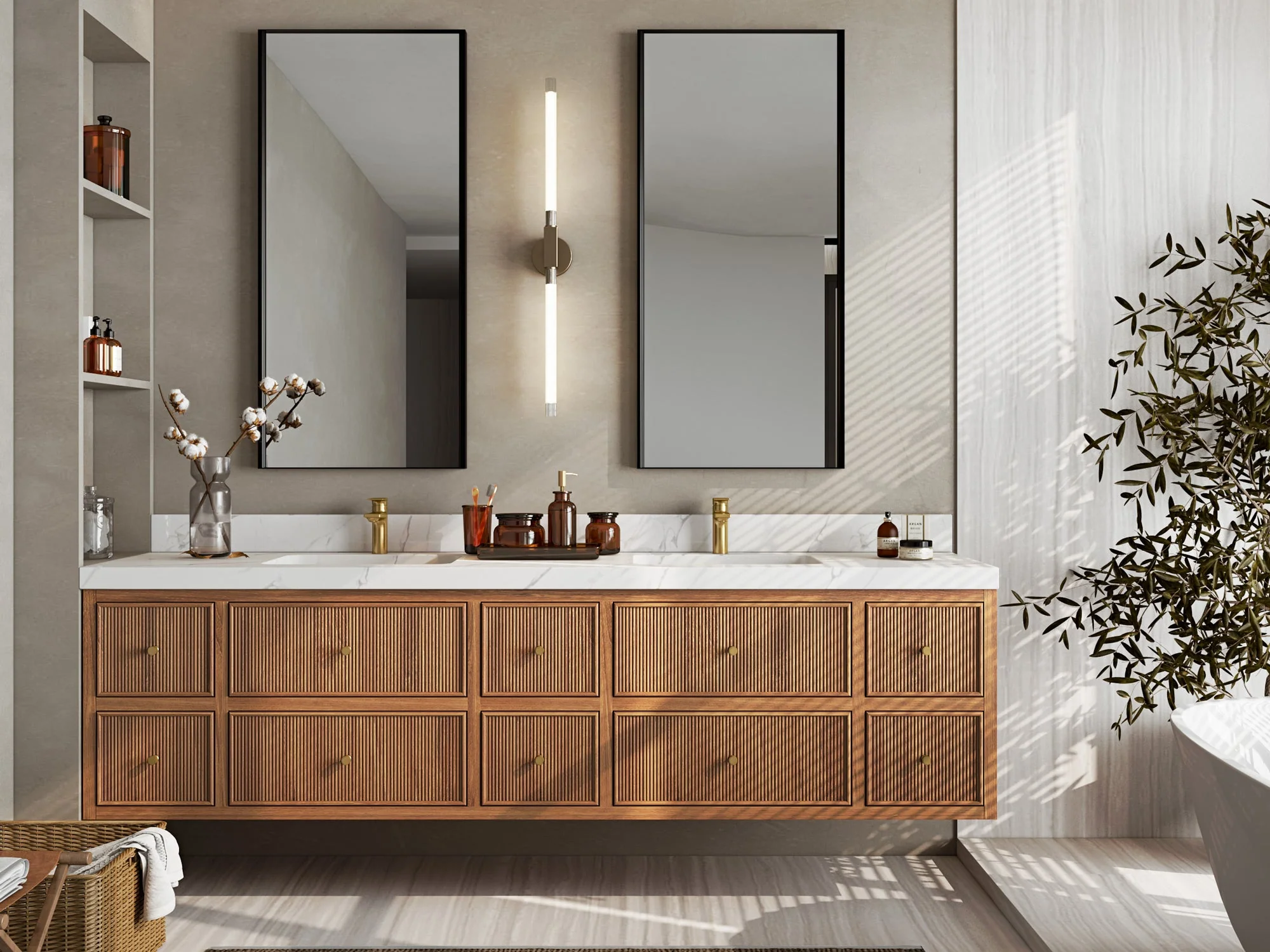 Sonoma Reeded Floating Teak 84 in. W x 22 in. D Double Sink Bathroom Vanity - Image 4